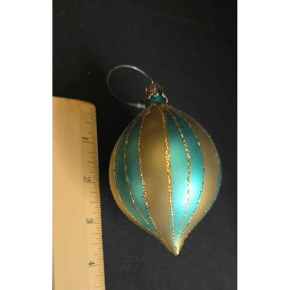 Vintage Glass Teardrop Christmas Ornaments with Gold Stripes and Glitter - Picture 7 of 11